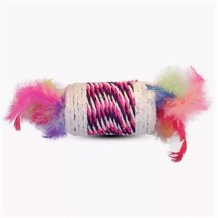 Игрушка для кошек Катушка с перьями и блестящим пояском сизаль 3,5*7,5см
