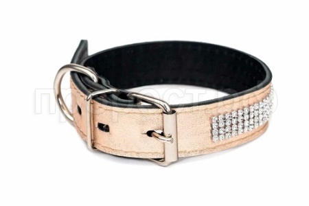 Ошейник кожа 25мм 2сл.со стразами 29-39см розовое золото/113225/Дарэлл