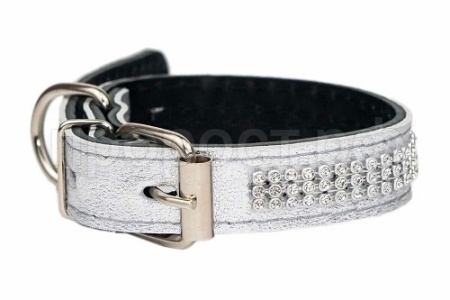 Ошейник кожа 20мм 2сл.со стразами 23-33см серебро/113220/Дарэлл