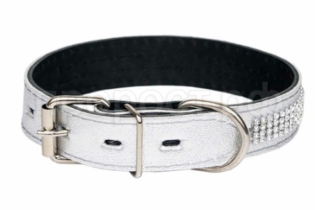 Ошейник кожа 25мм 2сл.со стразами 29-39см серебро/113225/Дарэлл