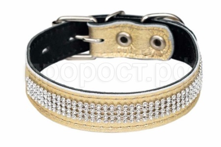 Ошейник кожа 25мм 2сл.со стразами 29-39см золото/113225/Дарэлл